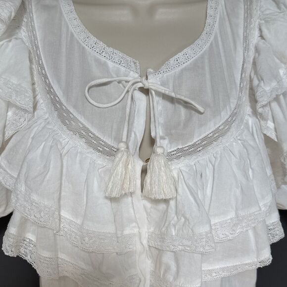 Love Shack Fancy Liv Size M Cotton Ruffled White Dress Tassels Tiered - Picture 10 of 16